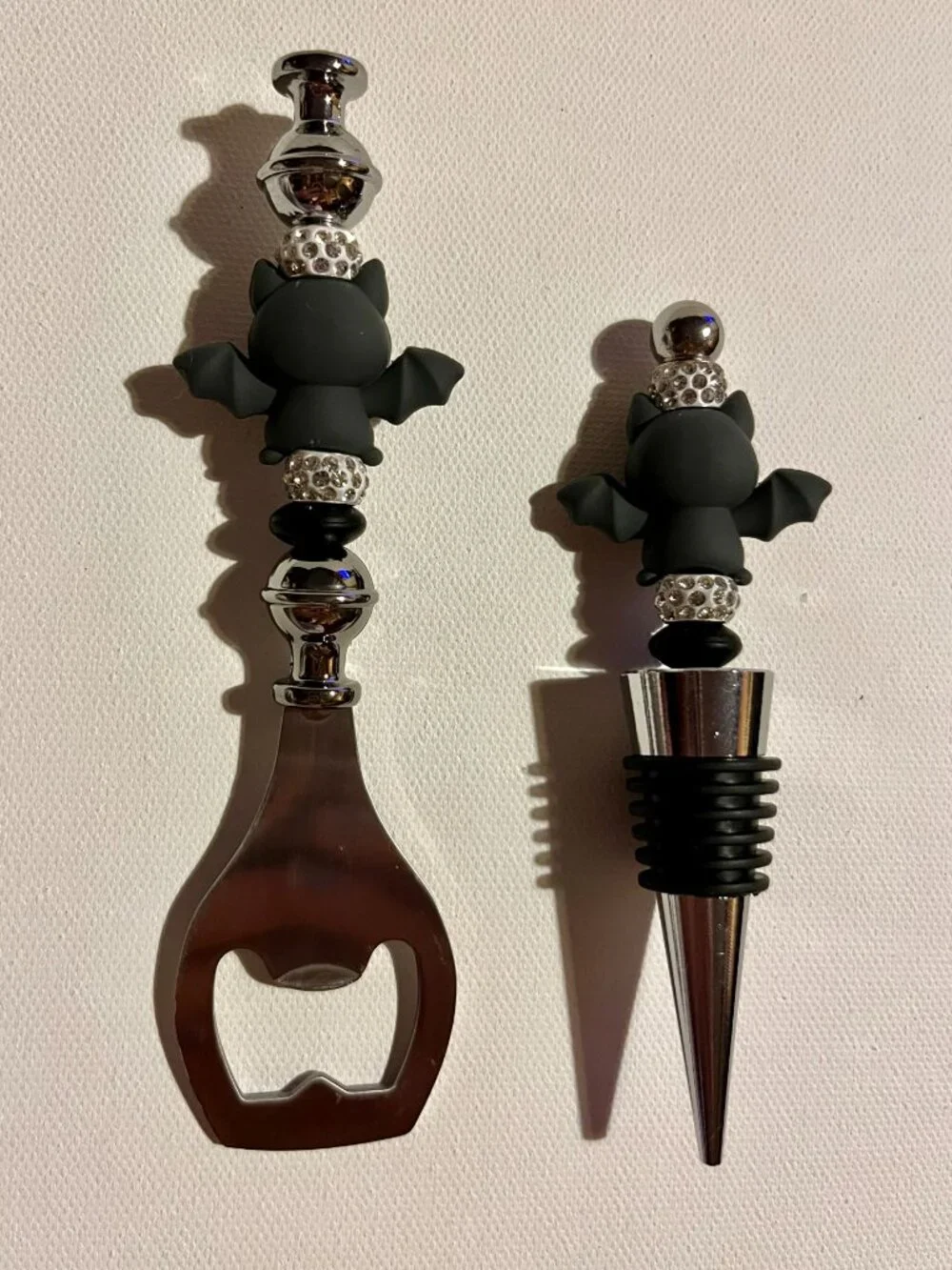 Halloween Sparkly Bat-themed Wine Stopper and Bottle Opener Set